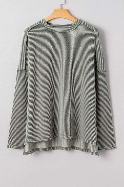 Corded Rib Exposed Seam Drop Shoulder Curved Hem Long Sleeve Top